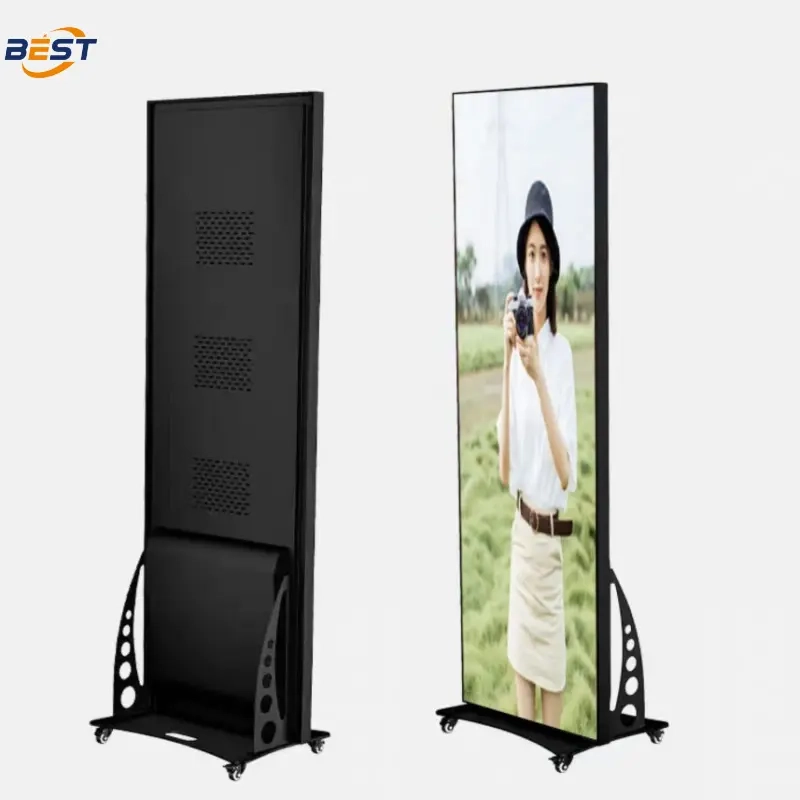 Front and rear views of a freestanding portrait LED display
