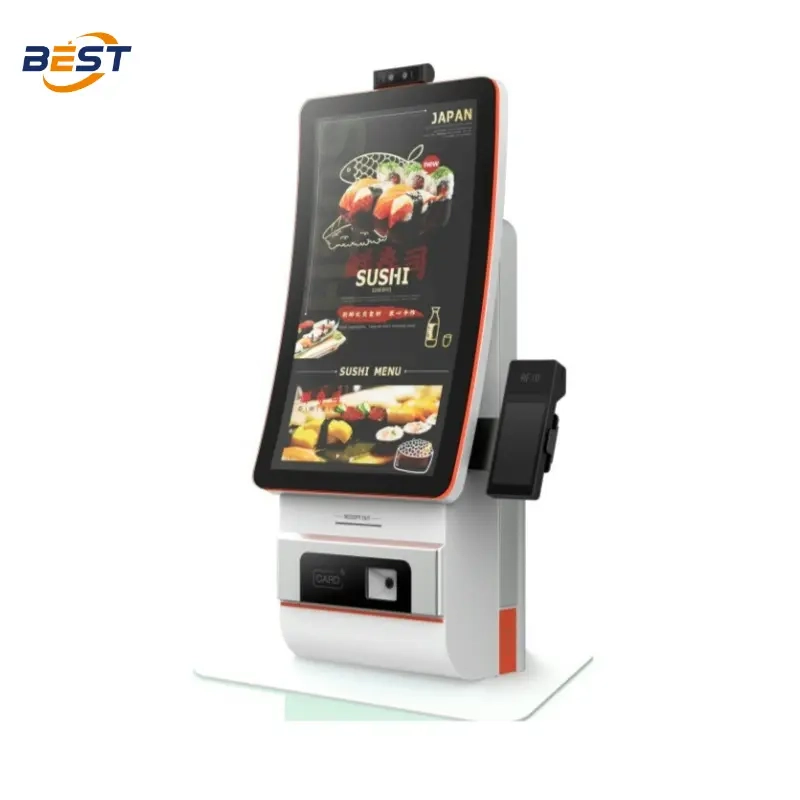 Countertop ordering kiosk with a portrait screen and receipt slot