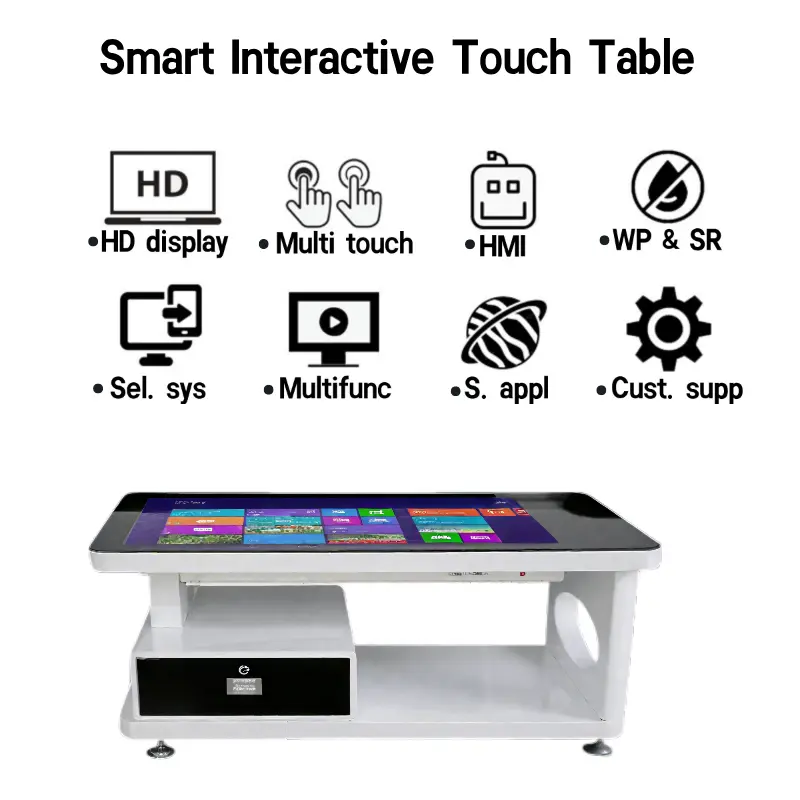 Interactive touch table with a horizontal screen and white base